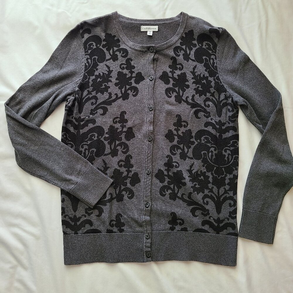 Croft & Barrow Print Front Gray Cardigan Sweater - Size M